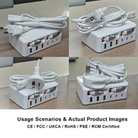HNT SC004 120W GaN 2.3ft Kabel Ganda IOS+Type-C Pengisi Daya Dinding Cepat 8-Port Adaptor Retractable Ramah Lingkungan dengan CE/FCC/UKCA/PSE