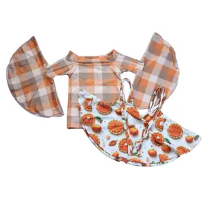 卸売女の赤ちゃん服セットカボチャ感謝祭プリントロングベルスリーブトップス & スカートツーピースセット衣装