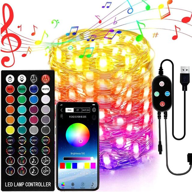 5M 10M IP65 Waterproof Color Changing Rope USB Remote Control Smart RGB Copper Mini Christmas LED Outdoor String Lights