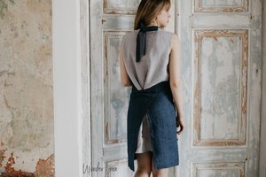 Delantal completo de mezclilla de lino clásico de color personalizado con bolsillos uniforme de cocina de lino suave para mujeres y hombres para uso en salón - Product Image 2