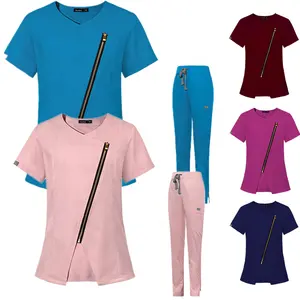 4 way stretch women's oem logo custom nurse doctor hospital medical elastic working uniform top pant zip scrubs set scrubs suit