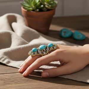 Anelli in acciaio inossidabile alla moda placcati oro turchese intarsio in pietra taglio principessa alla moda 18K Grs moda moda - Product Image 5