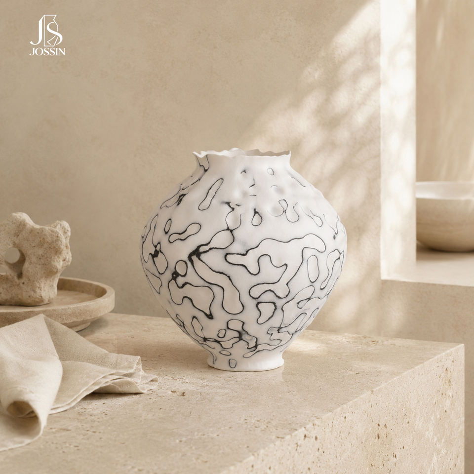 Jossin White Ceramic Flower Vase with Abstract Ink Wash Pattern and ...