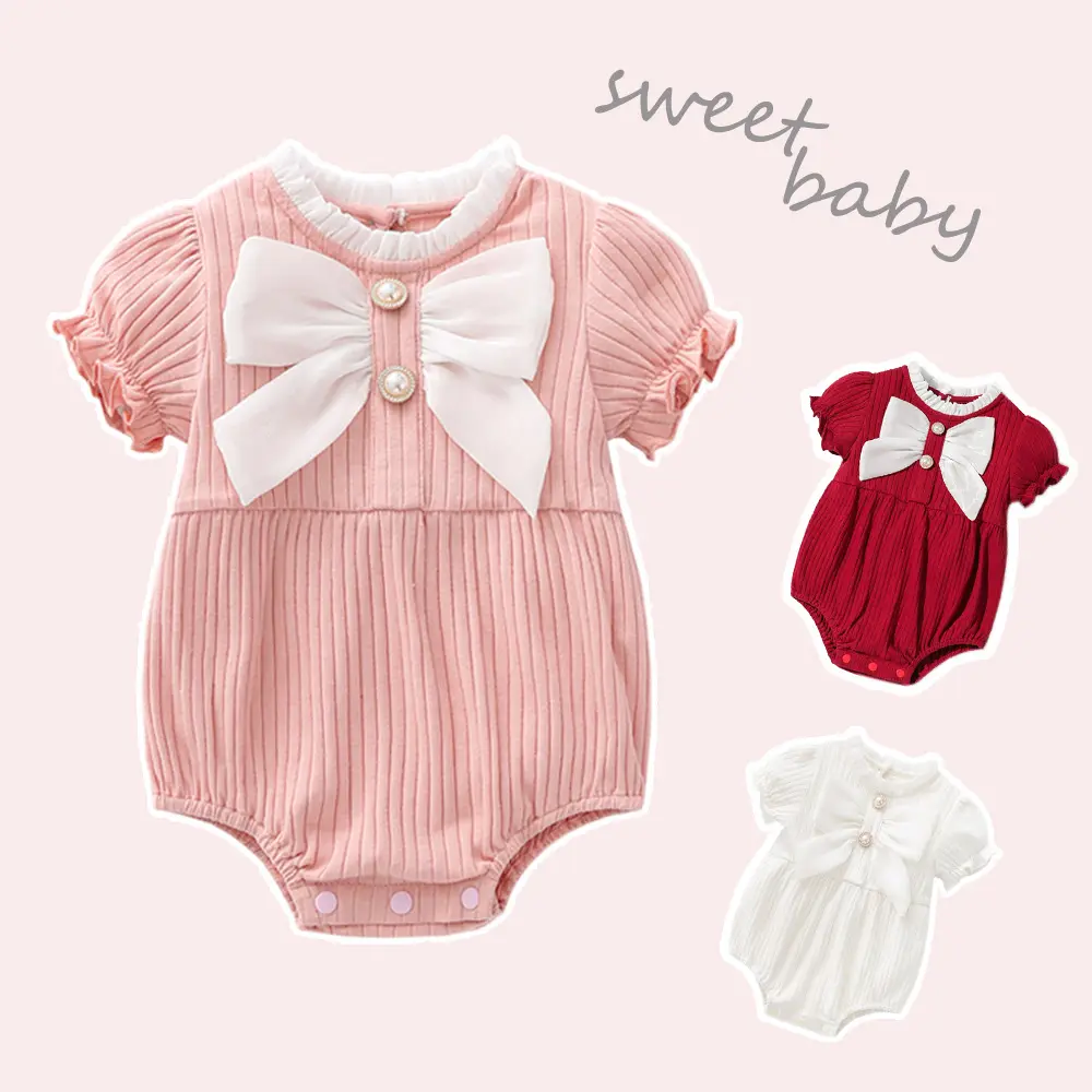 Nieuwe Mode Zomer Korte Mouw Strik Pasgeboren Jumpsuits Super Schattige Katoenen Baby Meisjes Rompertjes