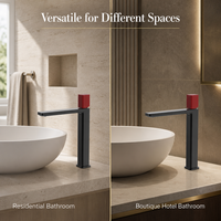 Keran Wastafel Kamar Mandi Hitam Poles, Tuas Tunggal, Tinggi, Model Vessel Sink, Terpasang di Dek, Inti Katup Keramik Merah