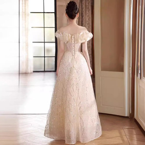 Off-Shoulder Champagne Organza Evening Gown A-Line Empire Waist Ruffles Graduation Banquet Dress Women's - Product Image 4