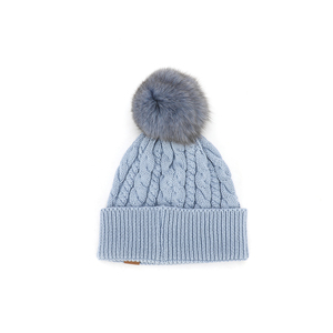 Venta caliente Gorros para mujer 100% Acrílico Gorra personalizada Cielo azul Protección de invierno Sombrero de pompón de piel de punto - Product Image 6