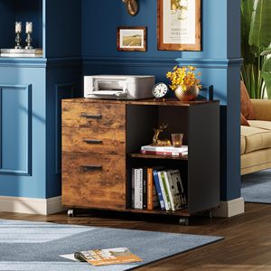 Armoire de classement mobile SENYU en bois rustique à 3 tiroirs avec étagères ouvertes pour le rangement du bureau à domicile - Product Image 2