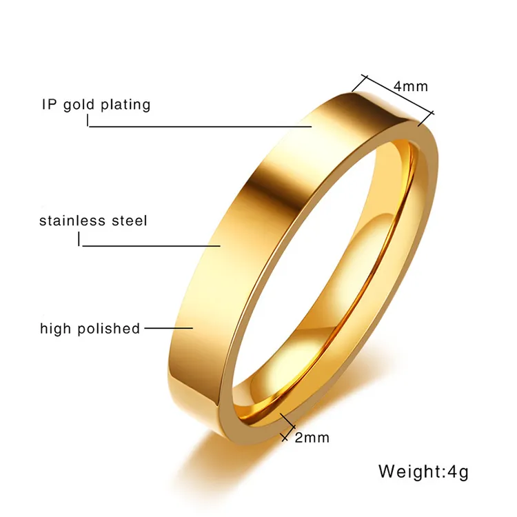 Trendy Rings Jewelry Women High Polish Stainless Steel 18K Gold Plated Customized Plain Flat Band Ring