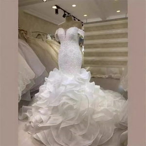 White Mermaid Wedding Dress Sweetheart Neckline Beaded Chiffon Train Formal Bridal Gown Size Plus - Product Image 3