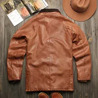 Veste de chasse en cuir véritable rétro de haute qualité, marron, en cuir de vache, col rabattu, vintage, plusieurs poches, manteaux mi-longs pour hommes