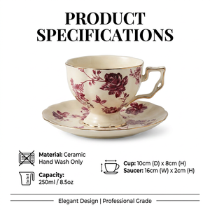Ensemble de tasses et soucoupes à café en céramique florale royale européenne, bordure dorée, porcelaine de qualité alimentaire, logo personnalisé OEM, vente en gros pour cafés - Product Image 2