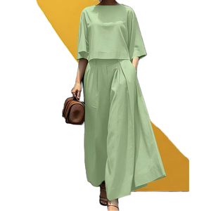 Ensemble 2 pièces pour femmes, vert uni, col rond, manches longues, pantalon large à jambes courtes, coupe régulière, décontracté, printemps-été, 100% polyester, vintage - Product Image 1