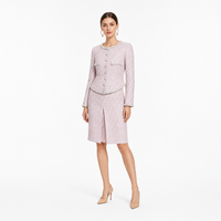 Ensemble veste en tweed et jupe crayon rose bouclé, tenue deux pièces pour femme, blazer sans col avec boutons argentés