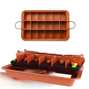 Koper Non Stick Brownie Cake Bakken Pan Met Verdelers Ingebouwde 18 Slicer Carbon Staal Bakvormen Voor Oven Bakken brownie Maker