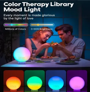 LED Table Top Wireless Charger Phone Bluetooth Music Speaker Light With Digital Alarm Natrual Wake Up Light