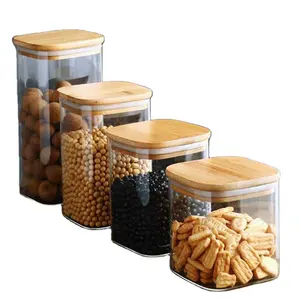 Wholesale Transparent High Airtight Kitchen Food Glass Storage Container Set Glass Spice Jar With Bamboo Lids