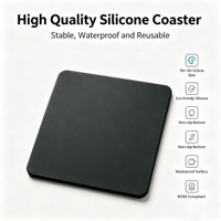Sous-verres personnalisés de haute qualité, très demandés, 10*10*0.5CM, écologiques, antidérapants, en silicone noir, durables, non toxiques, imperméables, ROHS