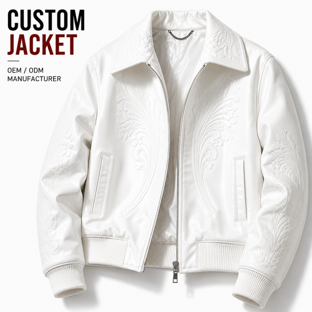 OEM Custom Embossed Leather Bomber Jacket Manufacturer White Streetwear Jacket Sample Development Factory ODM Fashion Jacket