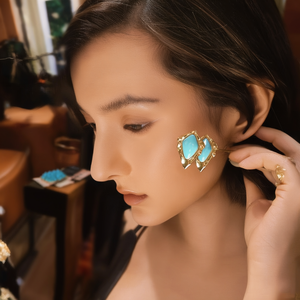 PVD Gold Plated 316L Stainless Steel Fashion <b>Earrings</b> With <b>Turquoise</b> Inlay For Women - Product Image 3