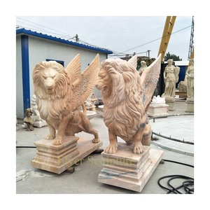 Decoración al aire libre tamaño real tallado a mano mármol Griffins León estatua piedra Natural alas Griffins Beige travertino estatua - Product Image 4