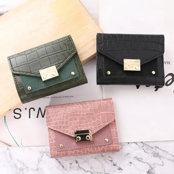 Fashion crocodile pattern card holder wallet for women credit card cash leather ladies purses lightweight fold small purses