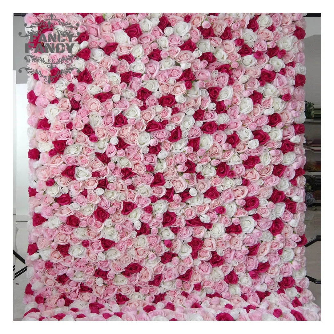 ฉากหลังติดผนังดอกไม้ประดิษฐ์สีชมพูแบบม้วน3D แขวนผนังดอกไม้จัดงานแต่งงานตกแต่งงานปาร์ตี้ผ้าผนังลายดอกไม้