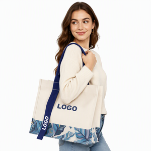 Canvas <b>Tote</b> Bag Tropical Leaf Print Cream Blue Cotton Reusable Shopping Bag With Rope Handles Eco Friendly Beach Bag - Product Image 4
