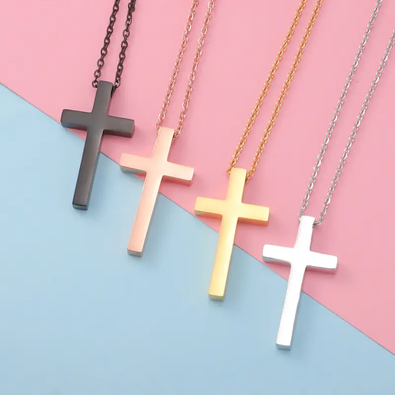 Women's Simple Stainless Steel Glossy 18K Gold Plated Cross Pendant Necklace Hip Hop Couple Black Rose Gold Jewelry Accessories