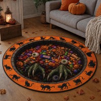Tapis en velours cristal à tissage plat, style américain, thème Halloween, motif cercle, épaisseur 0,5 cm, avec envers en plastique à pois