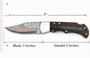 Cuchillo de Bolsillo de Acero al Carbono Forjado a Mano con Mango de Madera Vengi con Incrustaciones Verdes, Funda de Cuero, Acabado Pulido, Estilo Tradicional - Product Image 2