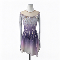 Robe de patinage artistique pour enfants et adultes, gris, violet, blanc, dégradé, maille, manches longues, strass au dos, pour compétition et spectacle