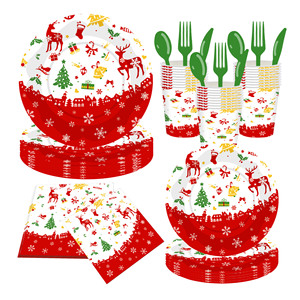 Christmas <b>Disposable</b> Tableware Set Paper <b>Plates</b> Cups Napkins Reindeer Snowflake Design Party Supplies Kit - Product Image 1