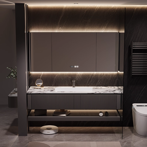 Gabinete de baño de lujo ligero de estilo italiano personalizado de gama alta, fregaderos dobles, gabinete de <span class=keywords><strong>lavabo</strong></span> de baño moderno <span class=keywords><strong>con</strong></span> <span class=keywords><strong>espejo</strong></span> - Product Image 3