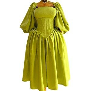 Fresh Square Neck Waist <b>Tie</b> Lantern Sleeve A-line Women's Dresses Fashion - Product Image 1