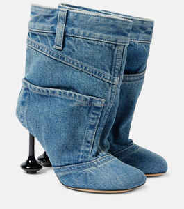 Classic Five Pocket <strong>Trouser</strong> Design Petal Toe Winter Pumps <strong>Girl</strong> Sexy Short Denim Boots for Women Toy Ankle Bootie in Washed Denim - Product Image 1