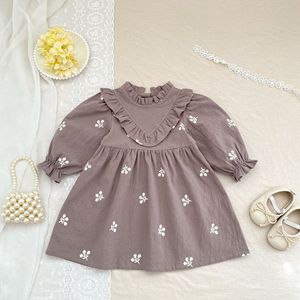 <span class=keywords><strong>Vestito</strong></span> Marrone con Ricamo Floreale per Bambine, Maniche Lunghe, Colletto Arricciato, Linea ad A, per Primavera, Autunno, Feste e Uso Quotidiano - Product Image 4