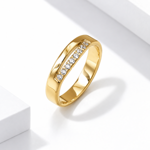 Bague en acier inoxydable doré avec zircon, plaquée or 14 carats sous vide, large, à cannelures biseautées, avec bande fixe - Product Image 1