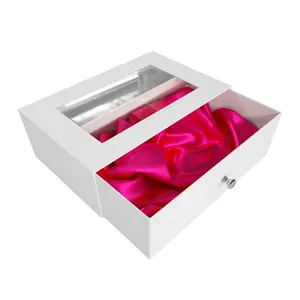 Luxury Custom Cardboard Wig Drawer Box with Satin Insert PVC Window With Crystal handle for Gift Jewelry Cosmetics Packaging