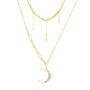 Grosir perhiasan stainless emas bulan-Kalung Liontin Wanita Baja Tahan Karat 316L, Perhiasan Kalung Emas Zirkon Modis Memesona