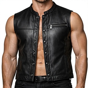 <b>Men's</b> <b>Black</b> Polyester Biker <b>Vest</b> Stand Collar Button Front Zipper Pocket Regular Length Outer Wear Plus Size Moto Style - Product Image 1
