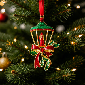 Adorno Navideño de Aleación de Zinc <span class=keywords><strong>con</strong></span> Forma de Linterna, Verde Brillante, Techo Cónico, Vela Roja, Tres Pilares Dorados, Lazo Rojo y Gema, Colgante Festivo - Product Image 1