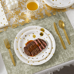 Juego de Vajilla Desechable de 350 Piezas con Lámina Dorada, Ecológico, Apto para Microondas, para 50 Personas, Platos, Vasos y Servilletas de PET para Fiestas de Cumpleaños - Product Image 5