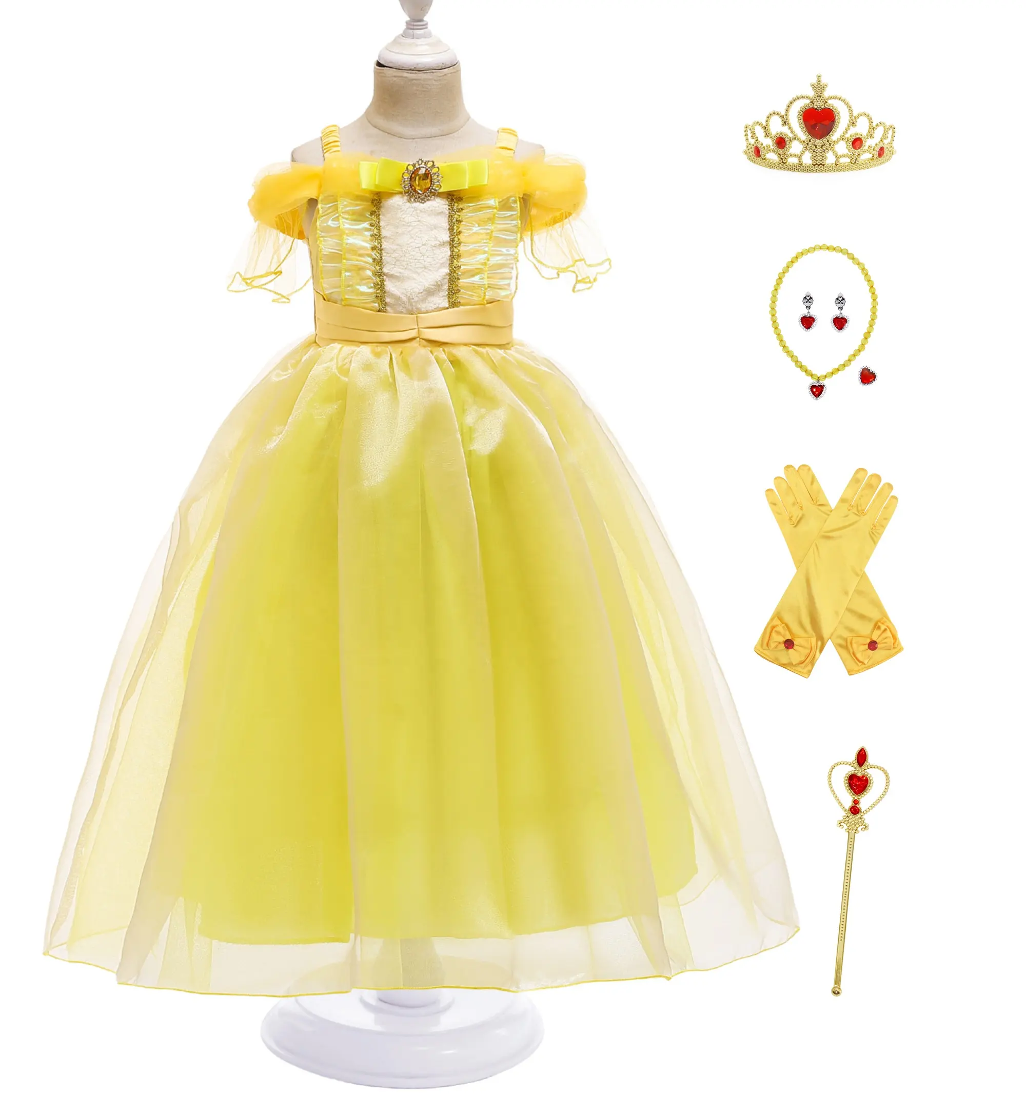 Hanyiyu Wholesale Children Cosplay Dress Princess Belle Costume + 6 Accessories Princess Dress For Shopee