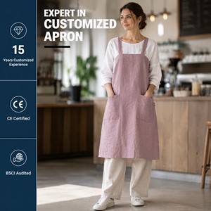 Logo personalizzato 100% lino lino abito <span class=keywords><strong>da</strong></span> <span class=keywords><strong>cucina</strong></span> rosa e blu croce grembiuli posteriori che cucinano il grembiule per la pulizia - Product Image 1