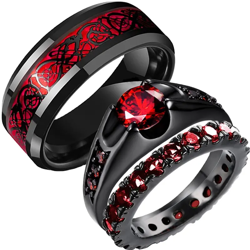Personality Black Ring Matching Ring for Couples Filled Red CZ Wedding Rings Set Couple Engagement for Holidays Gift