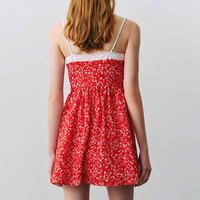 Robe mini sans manches en satin naturel, col licou, anti-plis, avec détails illusion, coupe trapèze, patchwork contrastant et éléments floraux miniatures
