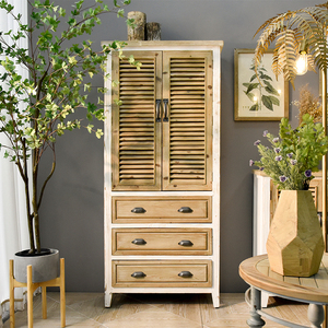 Country Style Farmhouse Shutter Door Design <b>Rustic</b> Dining Room Kitchen Solid Wood <b>Cabinet</b> with 3 Drawers - Product Image 4