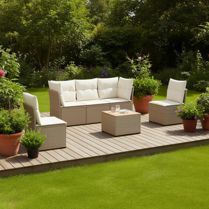 Conjunto de Sofás Modulares de Ratán Sintético PE Beige para Jardín, Muebles de Exterior Cómodos, Diseño Contemporáneo, Cojines de Espuma de Alta Densidad - Product Image 2