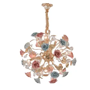 In ceramica Rosa Fiore Giardino Lampadari di Illuminazione Della Moda Lampada a Sospensione Luci di Soffitto del Led Sorgente di Luce In Ceramica lampada In Ferro Battuto